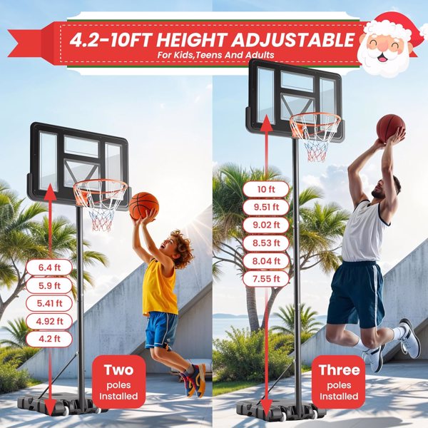 Basketball Hoop Outdoor Portable Goals Court System 4.2-10Ft Adjustable Height, 44 Inch Shatterproof Backboard & Enlarged Base, Gifts for Kids/Youth/Adults in Backyard/Driveway/Indoor