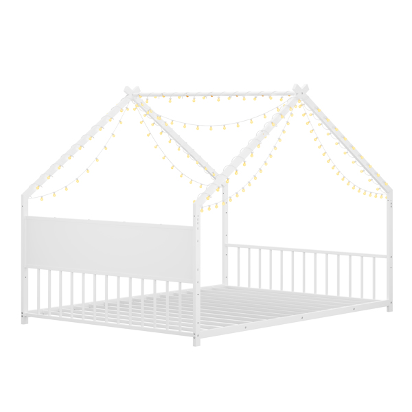 Full Size House Bed with Roof and Colorful Lights, Metal Bed Frame with Slats and Legs, House Bed for Boy, Girls and Young Teens, No Box Spring Needed (White)