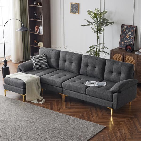 L-Shaped Sectional Sofa Couch for Living Room, Modern 4-Seater Tufted Linen Lounge Sleeper with Chaise, Dark Grey