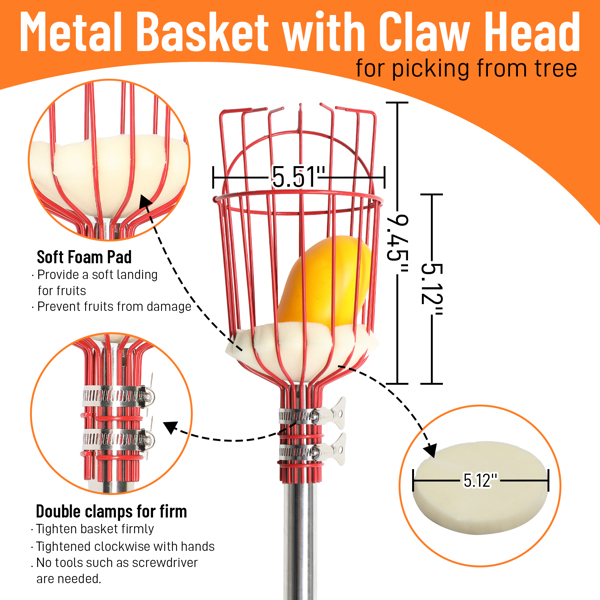 13FT Fruit Picker Tool, Stainless Steel Adjustable Fruit Picker with Basket, Citrus Orange Mango Avocado Fig Acorn Pear Pomelo Chery Lemon Picker