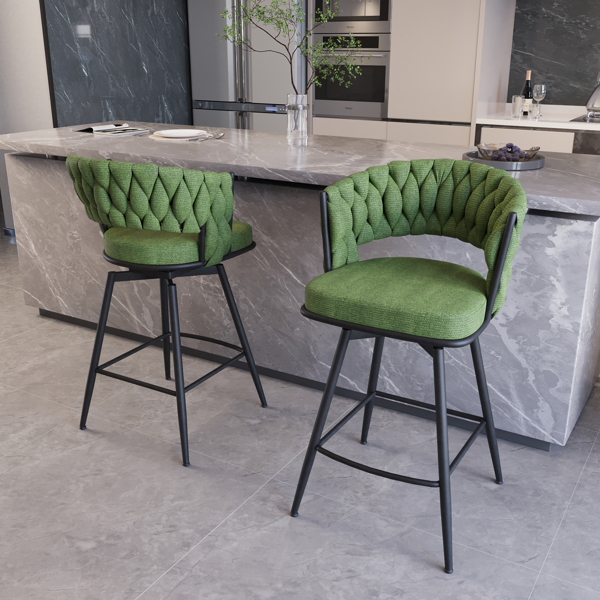 26" Bar Chair Suede Woven Bar Stool Set of 4,Black legs Barstools No Adjustable Kitchen Island Chairs,360 Swivel Bar Stools Upholstered Bar Chair Counter Stool Arm Chairs with Back Footrest (Green) 