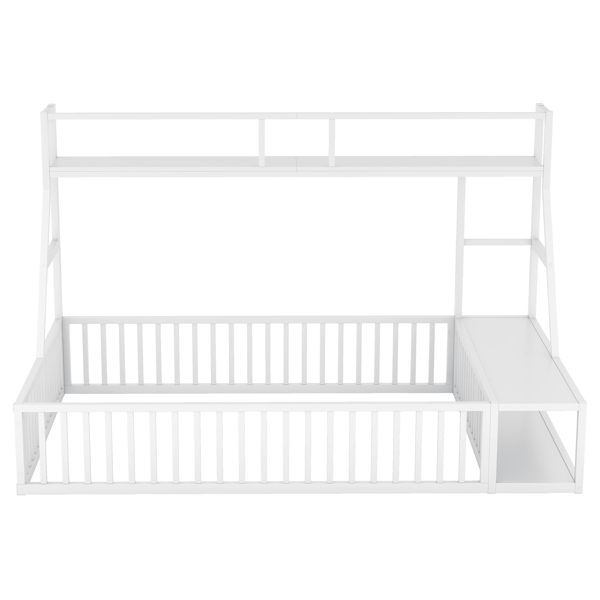 Full Size Floor Bed Frame with Safety Fence, Metal Floor Bed with Desk and Storage Shelves, Playhouse for Kids, White