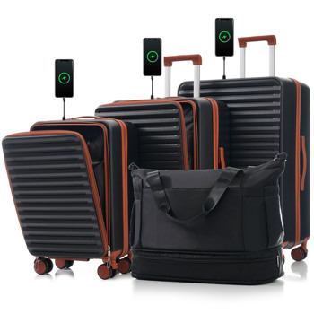 luggage 4 Piece 20/24/28/Sets and a bag, 20 \\"24\\" with front pocket ,Hard Shell Luggage Carry on Luggage Set with TSA Lock  , usb, universal wheel,cup holder,black