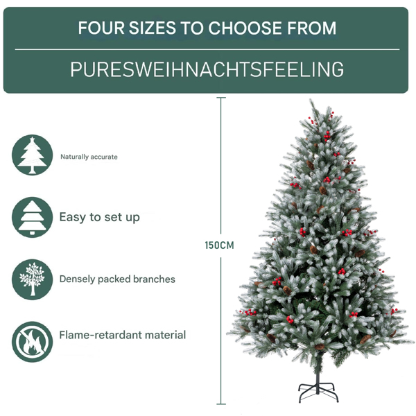 5FT Artificial Christmas Tree, Fiber Christmas Trees Pine Trees with 480 Branch Tips, Berries&Pine Cones Decor, Foldable Metal Base for Home, Office, Party Decorations