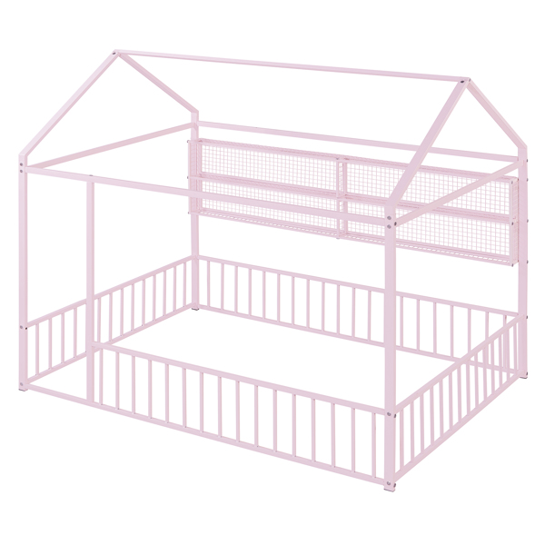 Full Size Metal Bed House Bed Frame with Fence and Shelves, Pink