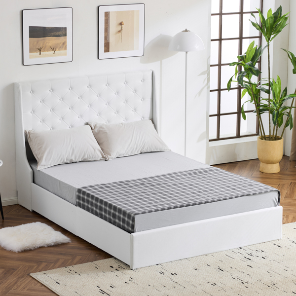 Upholstered Full Platform Storage Bed Frame with 4 Drawers, Wingback Headboard with Button Tufted Design, Wooden Slat Support, No Box Spring Needed, Beige