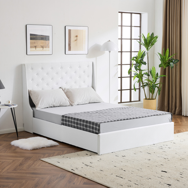 Upholstered Full Platform Storage Bed Frame with 4 Drawers, Wingback Headboard with Button Tufted Design, Wooden Slat Support, No Box Spring Needed, Beige