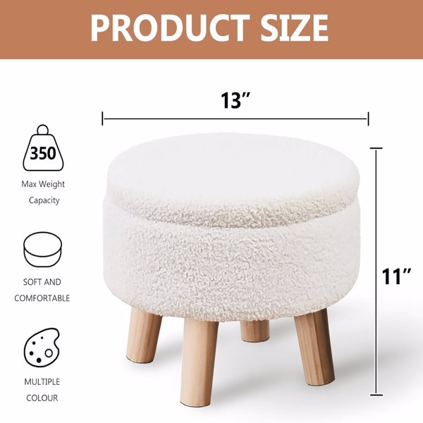 Storage Ottoman, Modern Round Footrest with Soft Padded Seat, Teddy Velvet Footstool with Wood Legs, Accent Small Table or Plant Stand for Hallway, Living Room (Cream)