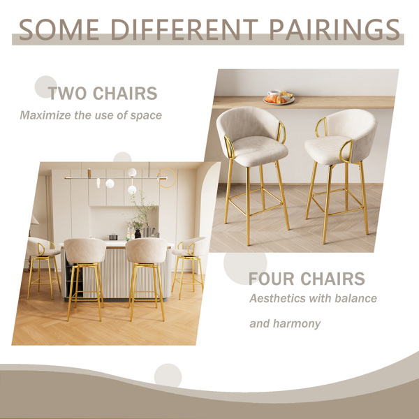 Dining Chairs Set of 2 Modern style 360°Swivel Bar Chairs with simple design, comfortable high stools, and flexible dining chairs suitable for bars, restaurants,Velvet Bar Chair Beige