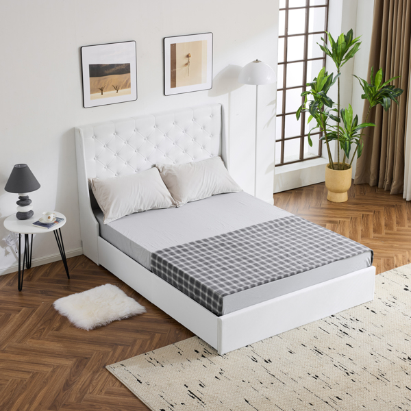 Upholstered Queen Platform Storage Bed Frame with 4 Drawers, Wingback Headboard with Button Tufted Design, Wooden Slat Support, No Box Spring Needed, Beige