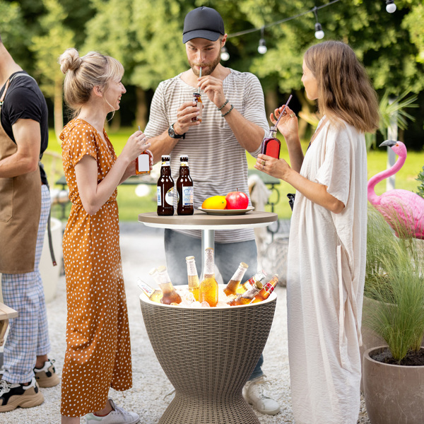 Outdoor Cooler Table, Height-Adjustable Outdoor Cool Bar w/ 8 Gallon Beer and Wine Cooler, All-Weather Resistant Patio Cooler Ice Cool Bar for Deck Pool Party (Coffee)