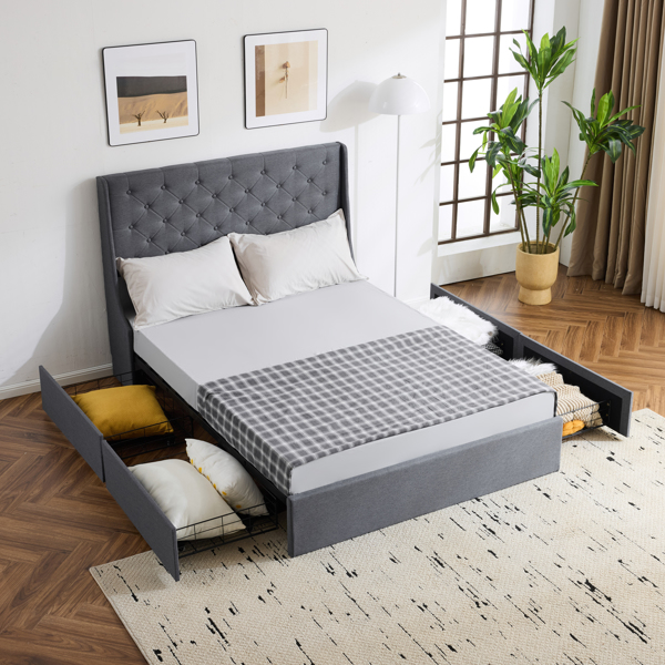 Upholstered Full Platform Storage Bed Frame with 4 Drawers, Wingback Headboard with Button Tufted Design, Wooden Slat Support, No Box Spring Needed, Dark Grey