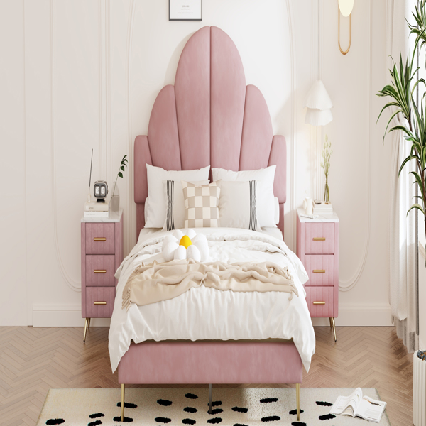 Queen Size Upholstered Bed Frame with Elegant Design, Modern Velvet Platform Bed with Petal Shape Headboard,Pink