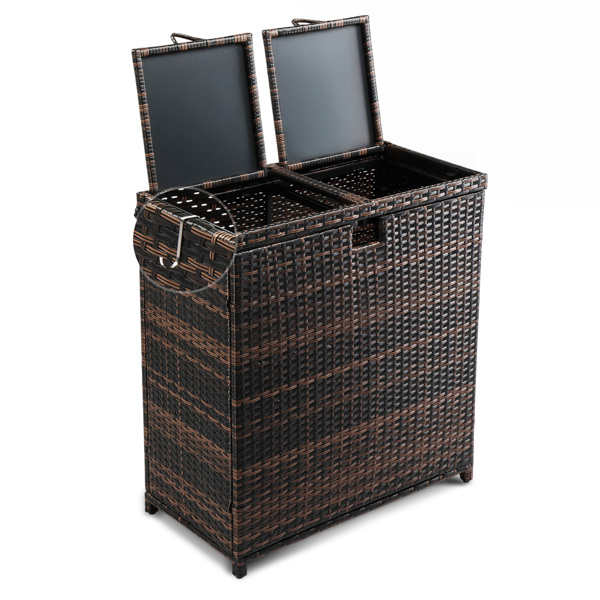 Outdoor Large Wicker Trash Bins, 72 Gallon Hideaway Rattan Trash Cans with Dual Lids for Porch Backyard Deck Patio Poolside, Brown