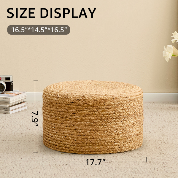 Round Pouf Ottoman, Natural Hand Knitted Footrest Poof, Rustic Lounge Pouffe, Boho Pous Foot Stool, Accent Table or Seat (Natural Water Hyacinth, 17.7 * 17.7 * 9.84)