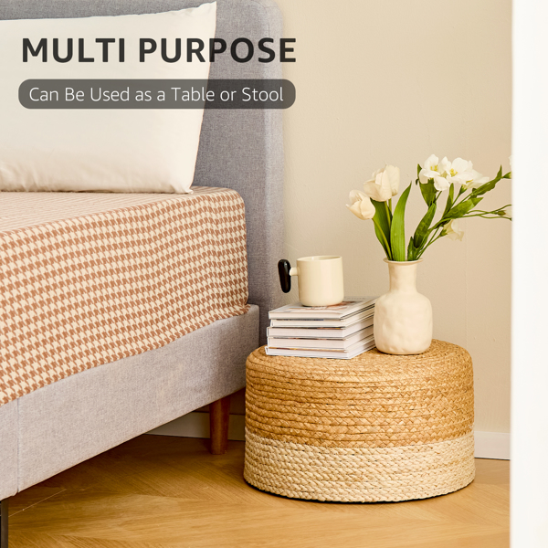 Round Pouf Ottoman, Natural Hand Knitted Footrest Poof, Rustic Lounge Pouffe, Boho Pous Foot Stool, Accent Table or Seat (Natural Cattail + White Corn Husk, 17.7 * 17.7 * 9.84)