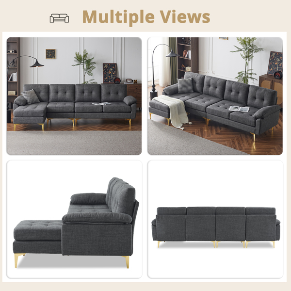 L-Shaped Sectional Sofa Couch for Living Room, Modern 4-Seater Tufted Linen Lounge Sleeper with Chaise, Dark Grey