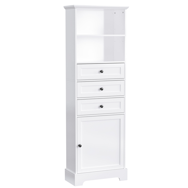 White Tall Storage Cabinet with 3 Drawers and Adjustable Shelves for Bathroom, Study, Office and Interior, MDF Board with Painted Finish