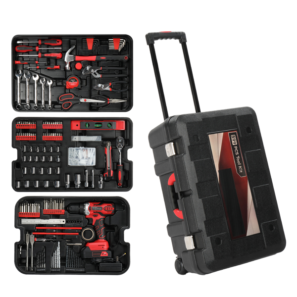 599 PCS Home Tool Set Kit, Auto Repair Tool Kit with Rolling Tool Box, Mechanic Tool Sets with 21V Max Cordless Power Drill