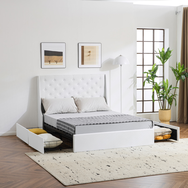 Upholstered Queen Platform Storage Bed Frame with 4 Drawers, Wingback Headboard with Button Tufted Design, Wooden Slat Support, No Box Spring Needed, Beige