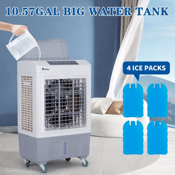 3 in 1 Portable Evaporative Cooler,Indoor,Outdoor,2647CFM Personal Air Cooler with remote control ,10.57 Gal Large Water Tank & Scroll Casters, 4 Ice Packs,White and gray