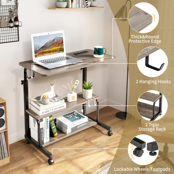 FCH Grey Oak P2 15MM Particle Board with Melamine Coating Adjustable Computer Desk with 3 USB + 2 AC Outlets