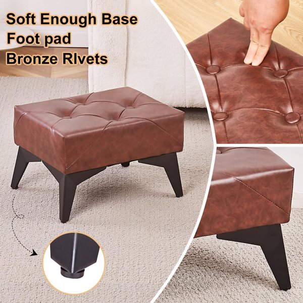 Small Footstool Ottoman, Leather Soft Footrest Ottoman with Iron Legs, Sofa Footrest Extra Seating for Living Room Entryway Bedroom Coffee