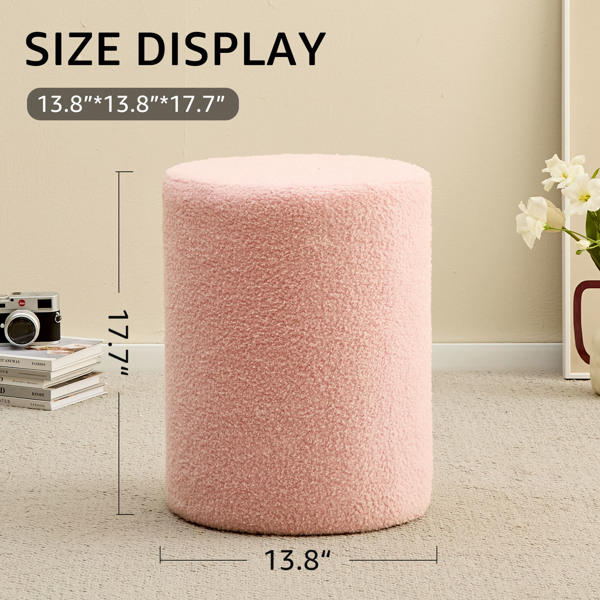 Round Teddy Fleece Ottoman with Soft Padded Seat, Multi-Functional Footrest, Vanity Chairs for Makeup, Upholstered Foot Stool Extra Seating for Living Room, Bedroom, Entryway (Pink, Standard)