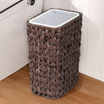 Bathroom Small Trash Can with Lid,2.6 Gallon Small Garbage Can with Rattan Basket, Slim Wicker Wastebasket Trash Can Press Top Lid for Bathroom,Kitchen,Office,Living Room,Bedroom-Brown