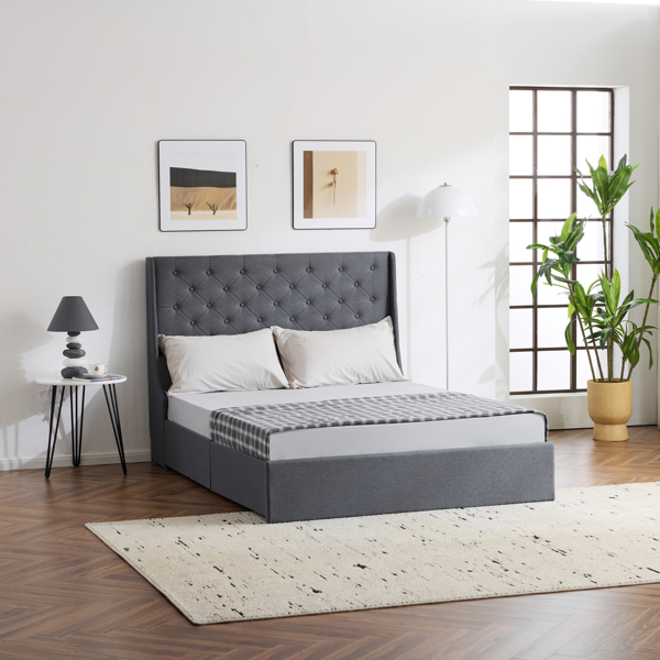 Upholstered Full Platform Storage Bed Frame with 4 Drawers, Wingback Headboard with Button Tufted Design, Wooden Slat Support, No Box Spring Needed, Dark Grey