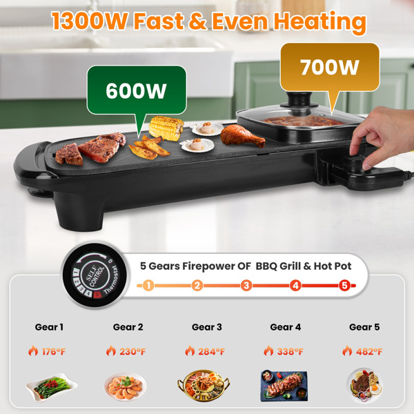 2 in 1 Hot Pot with Grill, Electric Hot Pot 2 in 1 Hot Pot BBQ Grill, Removable Hotpot Pot 1300W /Large Capacity Power Separate Temperature Control, Electric Grill for 2-6 People