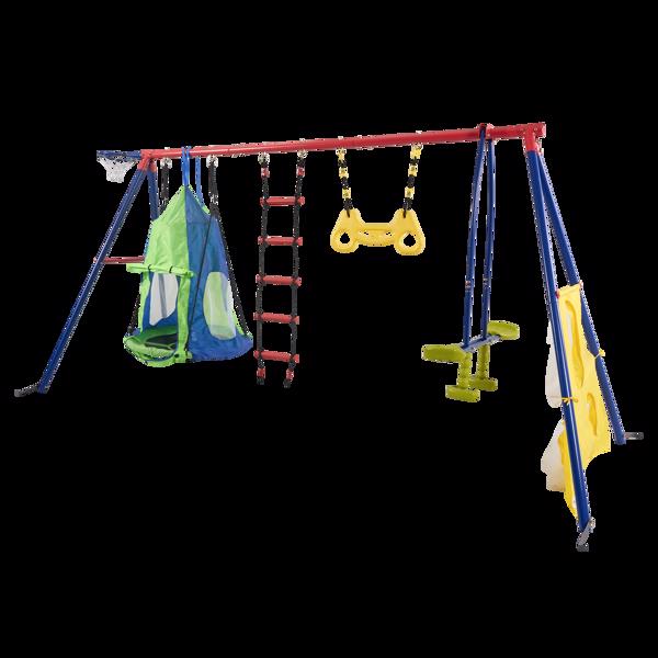 XNS092 rinbow colour interesting four function swingset with net swing and face to face metal plastic safe swing seat 550lbs for outdoor playground for age 3+