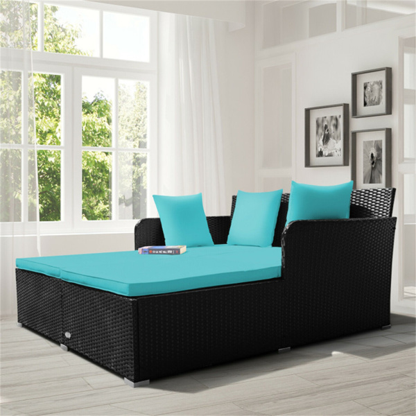 Turquoise Outdoor Rattan Daybed with Upholstered Cushions