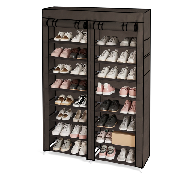 FCH Double Row 10-Tier Non-Woven Fabric Shoe Cabinet with Iron Pipes and Plastic Components, Brown