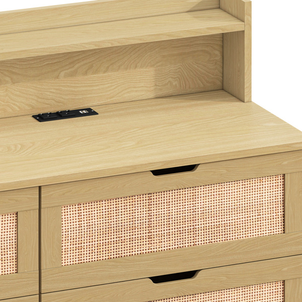 43.31"6-Drawers Rattan Storage Cabinet Rattan Drawer with LED Lights and Power Outlet,for Bedroom,Living Room,Natural