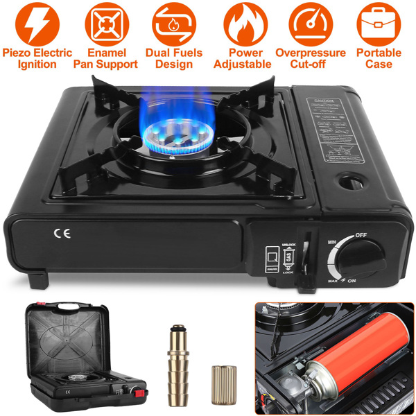 3300W Portable Camping Stove Butane Canister Dual Fuel Burner Piezo Electric Ignition Single Burner with Automatic Tank Ejection Overpressure Cut Off Carry Case for Camping Hiking Picnic Fishing BBQ 