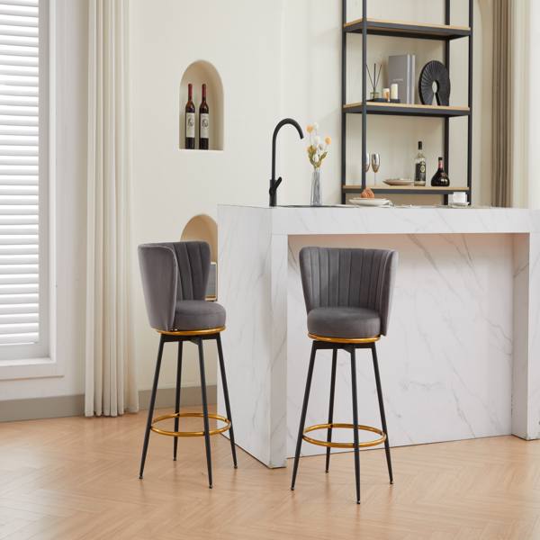 Counter Height Bar Stools Set of 2, 360° Swivel Upholstered Barstools with Backs and Metal Legs, 26" H Seat Height, Velvet Fabric,Goldy Footrest