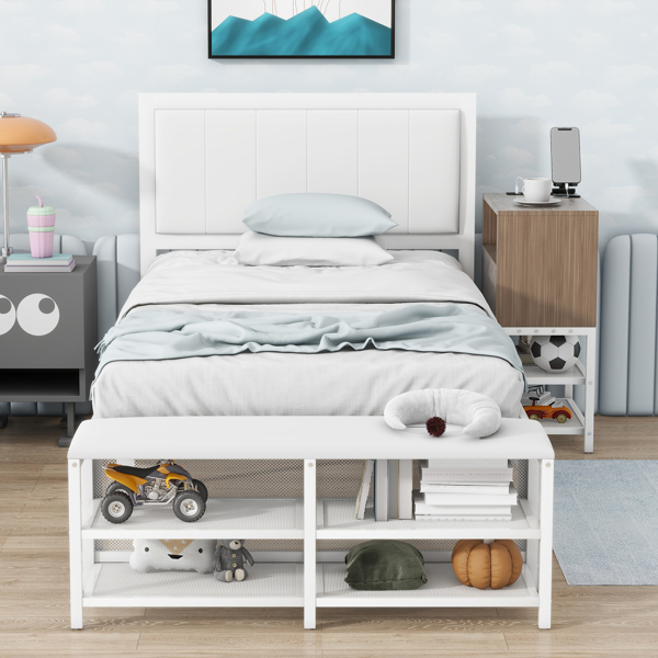 Twin size Metal Platform Bed with Two-Tier Storage Shelves, Wooden Storage Cabinet, White