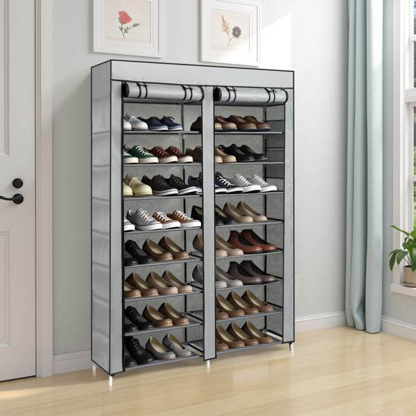 FCH Double Row 10-Tier Non-Woven Fabric Shoe Cabinet with Iron Pipes and Plastic Components, Gray