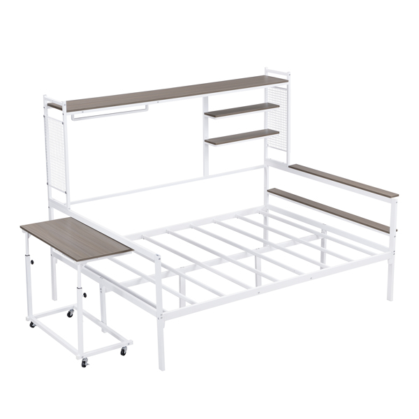 Full size Metal Daybed with Movable Desk, Metal Grid, Shelves and Clothes Hanger, White