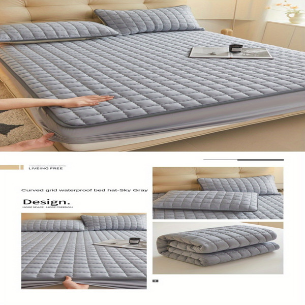 (Cream white 150cm*200cm) Cotton-Padded Waterproof Mattress Protector, Dust-Proof Bed Cover (Without Pillow and Core). Soft, Comfortable Solid Color Bedding Sheet for Bedroom, Guest Room. (Maybe YunEx