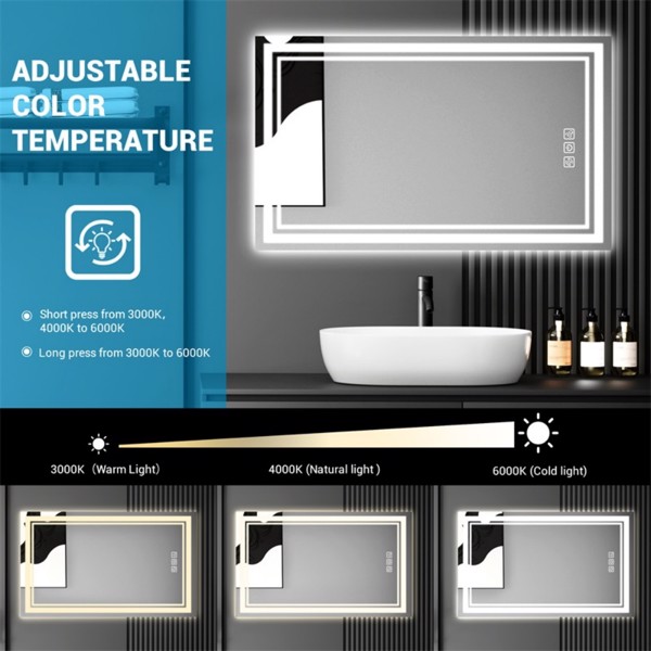 LED Bathroom Mirror 36" x 28" Front and Backlight, 5 Mins Defog, 5MM Full HD Reflected Wall Mounted 3 Colors Stepless Dimmable, Memory Function[Unable to ship on weekends, please note that]