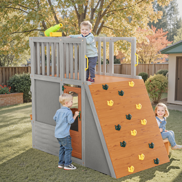 Kids Playhouse Outdoor,Wooden Play House Play set for Kids– Large, Sturdy, Realistic Design with lookout post,telescope and climb ramp– Perfect for 3-6 Children