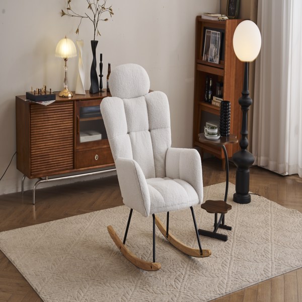 Fabric Upholstered Nursery Rocking Glider Chair Mid Century Modern Accent Arm Chair Padded Seat with High Backrest and Pillows for Living Room Bedroom Offices (Ivory Teddy)