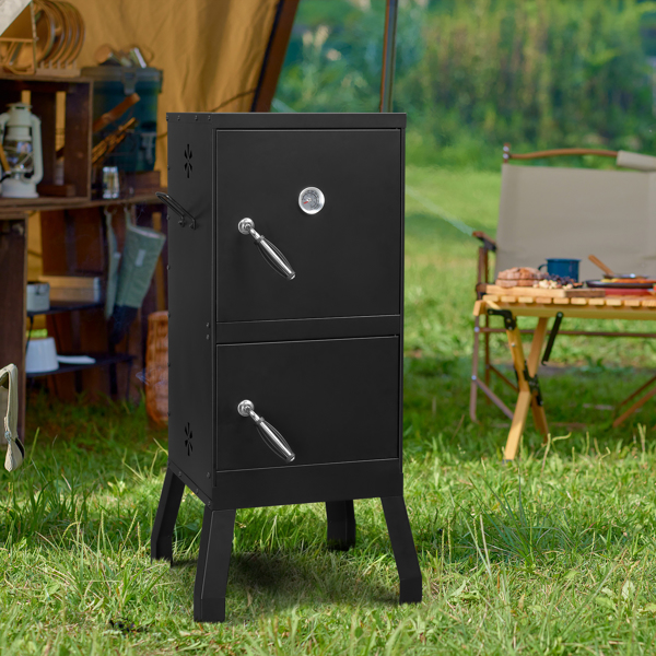 Outdoor Smoker with Double Doors, 2 Detachable Grill Netting Smoking Racks, Charcoal Pan & Water Pan, 4 Air Vents, Thermometer, Vertical Charcoal Smoker for Barbecue Camping Backyard Grill