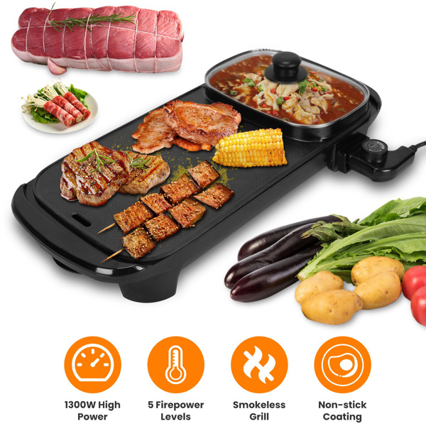 2 in 1 Hot Pot with Grill, Electric Hot Pot 2 in 1 Hot Pot BBQ Grill, Removable Hotpot Pot 1300W /Large Capacity Power Separate Temperature Control, Electric Grill for 2-6 People