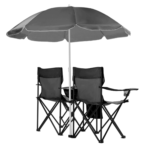 Portable Outdoor 2-Seat Folding Chair with Removable Sun Umbrella Black