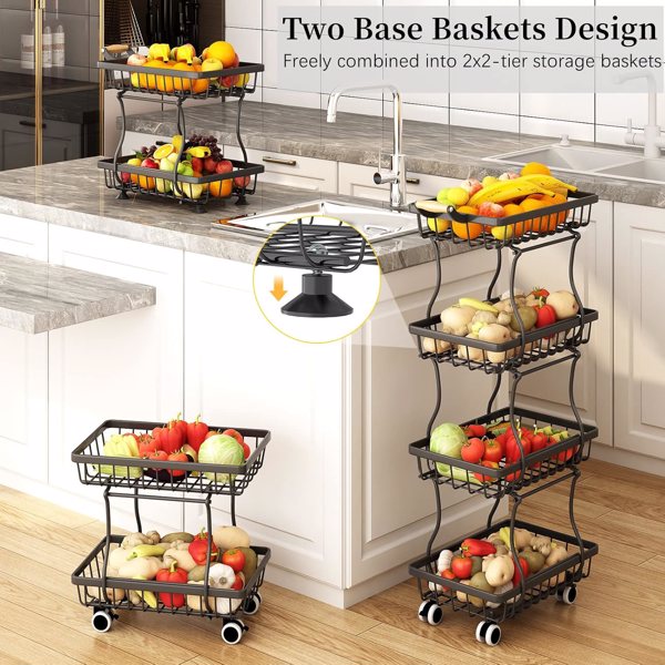 Kitchen with 4 layers of slender fruit baskets, stackable metal wire fruit and vegetable storage baskets with wheeled storage racks, metal agricultural product baskets, black