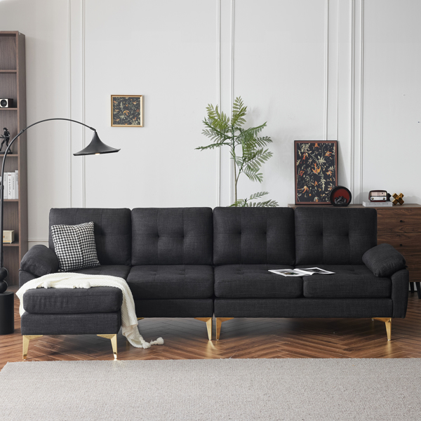 L-Shaped Sectional Sofa Couch for Living Room, Modern 4-Seater Tufted Linen Lounge Sleeper with Chaise, Black