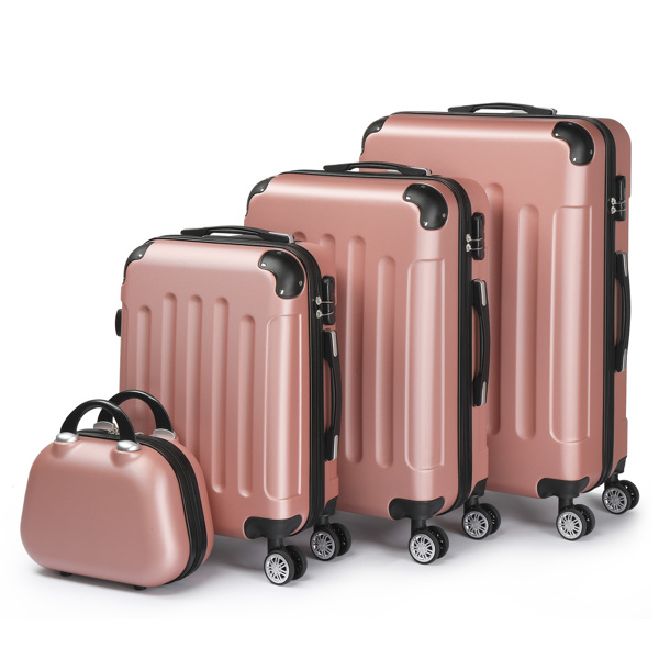 FCH Corner-Protected Four-Piece Set ABS Luggage 20in, 24in, 28in + 12in Handbag with ABS Material and Steel Telescopic Handle in Trendy Rose Gold